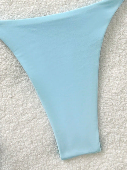 Soleia Plus Size Women's Backless Tie-Front Split Bikini Set,Minimalist Solid Color Light Blue,Summer,Kawaii,Beach,Holiday Vacation Carnival Outfits