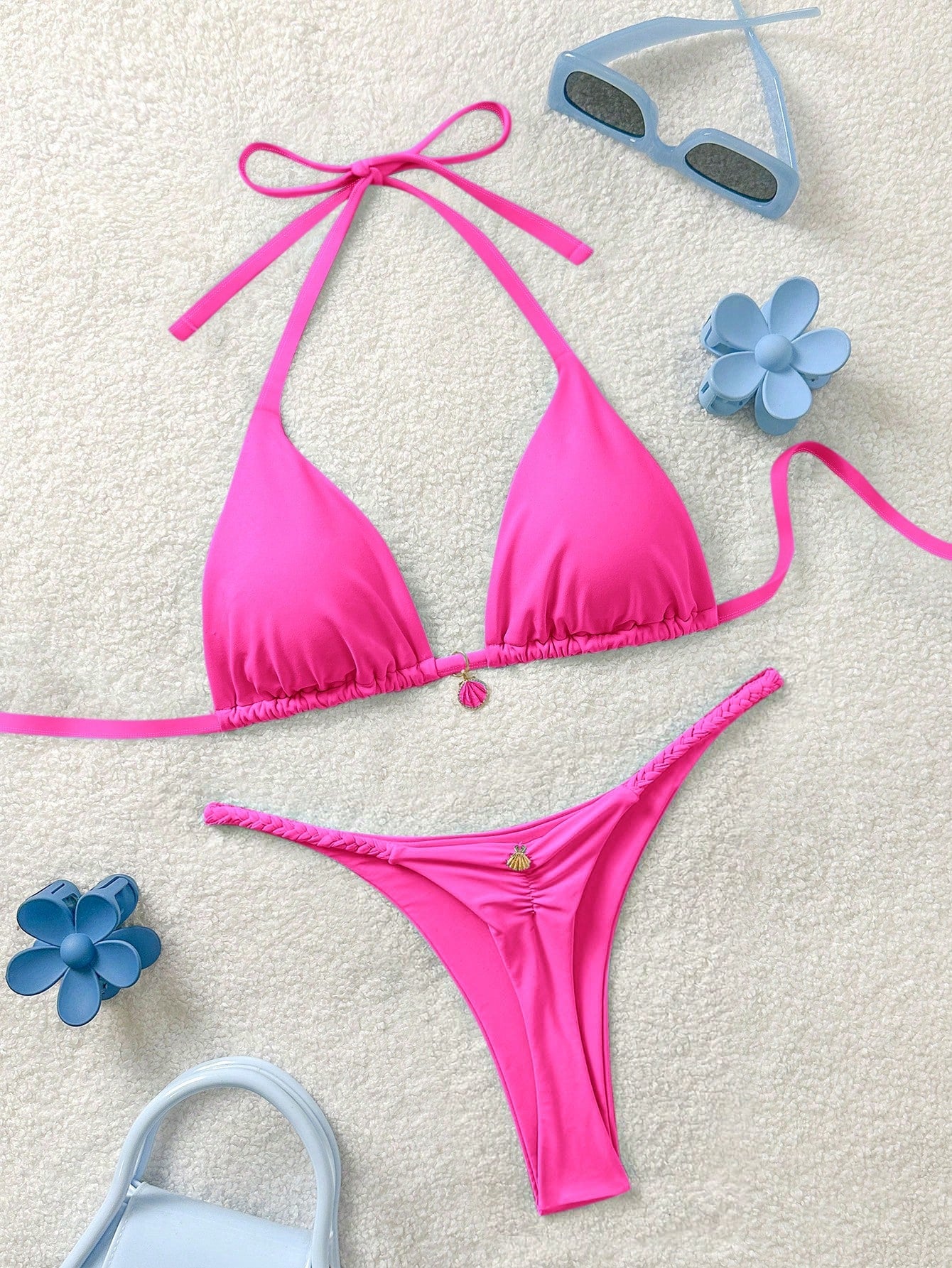 Soleia Plus Size Women's Backless Tie-Front Split Bikini Set,Minimalist Solid Color Light Blue,Summer,Kawaii,Beach,Holiday Vacation Carnival Outfits