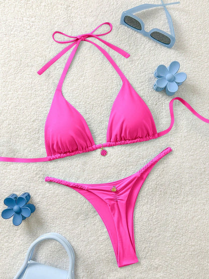 Soleia Plus Size Women's Backless Tie-Front Split Bikini Set,Minimalist Solid Color Light Blue,Summer,Kawaii,Beach,Holiday Vacation Carnival Outfits