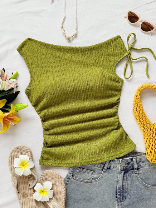 Soleia Plus Size Women's Olive Green Summer Vacation Holiday Knit Bubble Texture Asymmetrical Shoulder Tie Waist Ruched Fitted Top For Party Date Beach