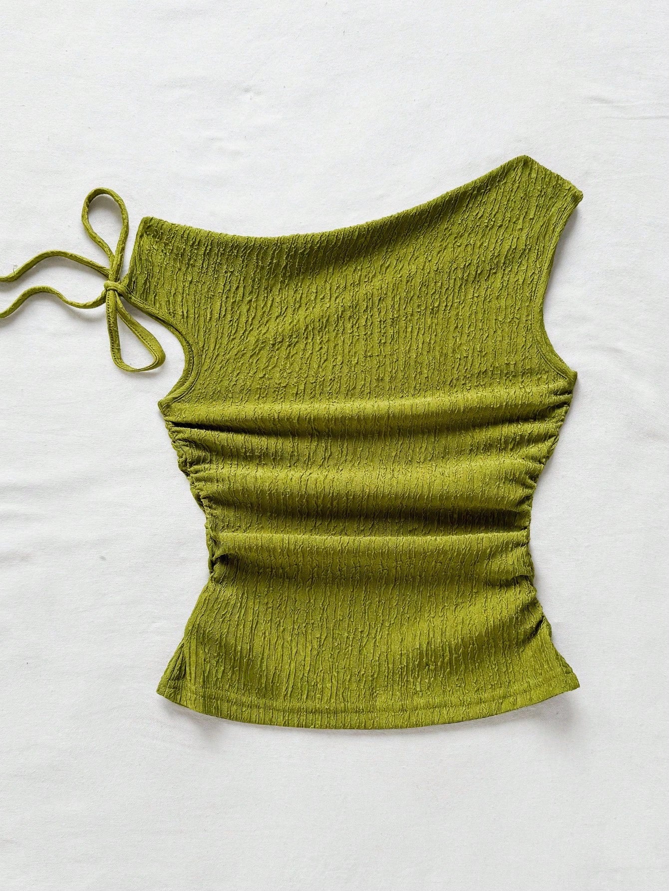 Soleia Plus Size Women's Olive Green Summer Vacation Holiday Knit Bubble Texture Asymmetrical Shoulder Tie Waist Ruched Fitted Top For Party Date Beach
