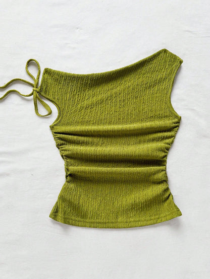 Soleia Plus Size Women's Olive Green Summer Vacation Holiday Knit Bubble Texture Asymmetrical Shoulder Tie Waist Ruched Fitted Top For Party Date Beach