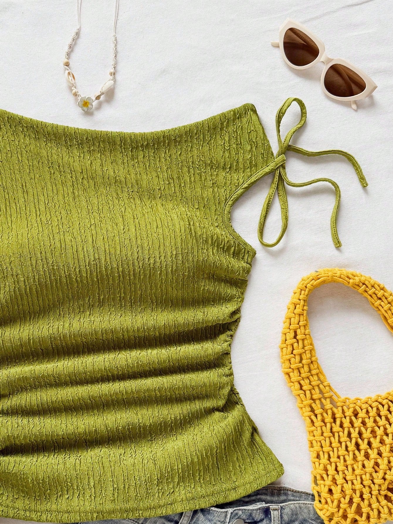 Soleia Plus Size Women's Olive Green Summer Vacation Holiday Knit Bubble Texture Asymmetrical Shoulder Tie Waist Ruched Fitted Top For Party Date Beach