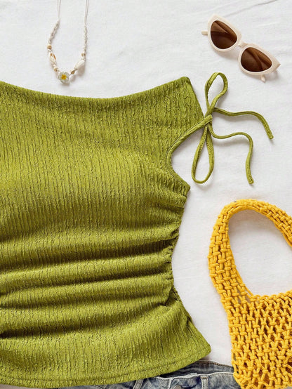 Soleia Plus Size Women's Olive Green Summer Vacation Holiday Knit Bubble Texture Asymmetrical Shoulder Tie Waist Ruched Fitted Top For Party Date Beach