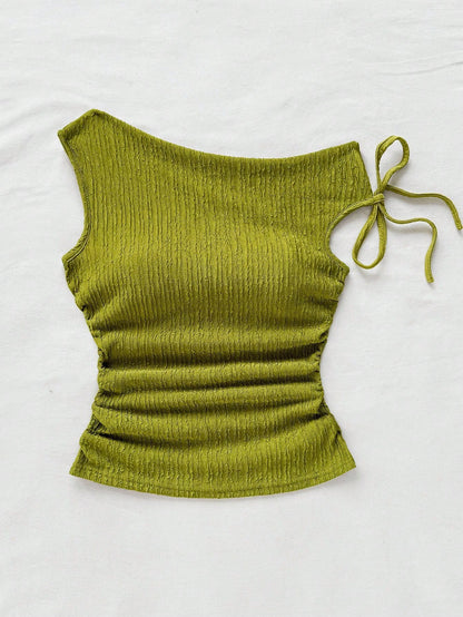 Soleia Plus Size Women's Olive Green Summer Vacation Holiday Knit Bubble Texture Asymmetrical Shoulder Tie Waist Ruched Fitted Top For Party Date Beach