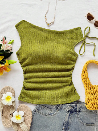 Soleia Plus Size Women's Olive Green Summer Vacation Holiday Knit Bubble Texture Asymmetrical Shoulder Tie Waist Ruched Fitted Top For Party Date Beach