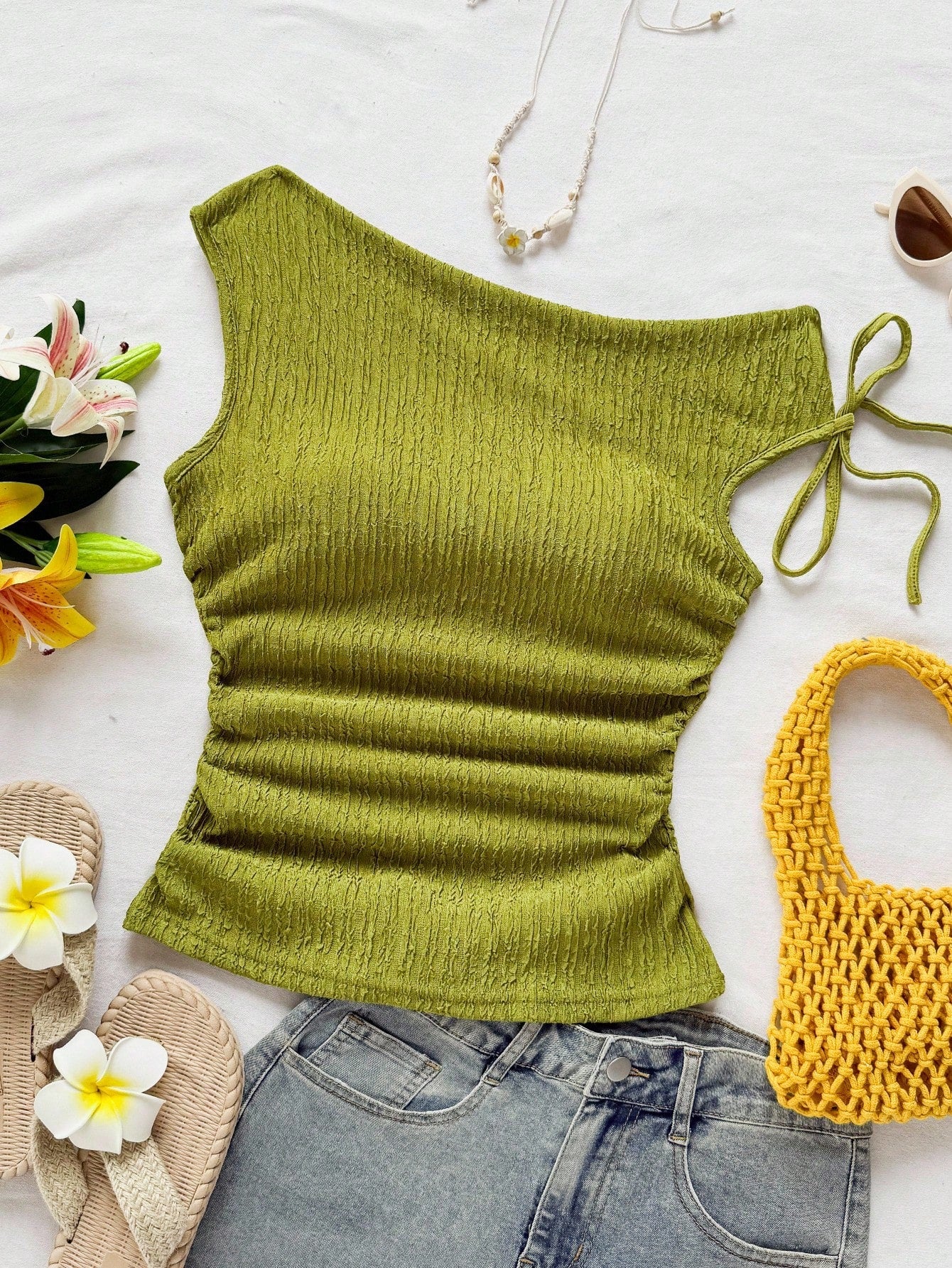Soleia Plus Size Women's Olive Green Summer Vacation Holiday Knit Bubble Texture Asymmetrical Shoulder Tie Waist Ruched Fitted Top For Party Date Beach