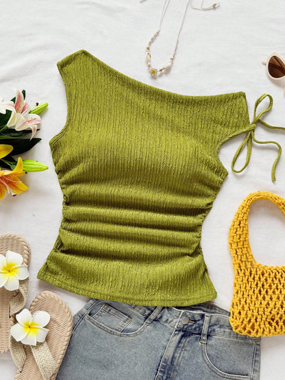 Soleia Plus Size Women's Olive Green Summer Vacation Holiday Knit Bubble Texture Asymmetrical Shoulder Tie Waist Ruched Fitted Top For Party Date Beach