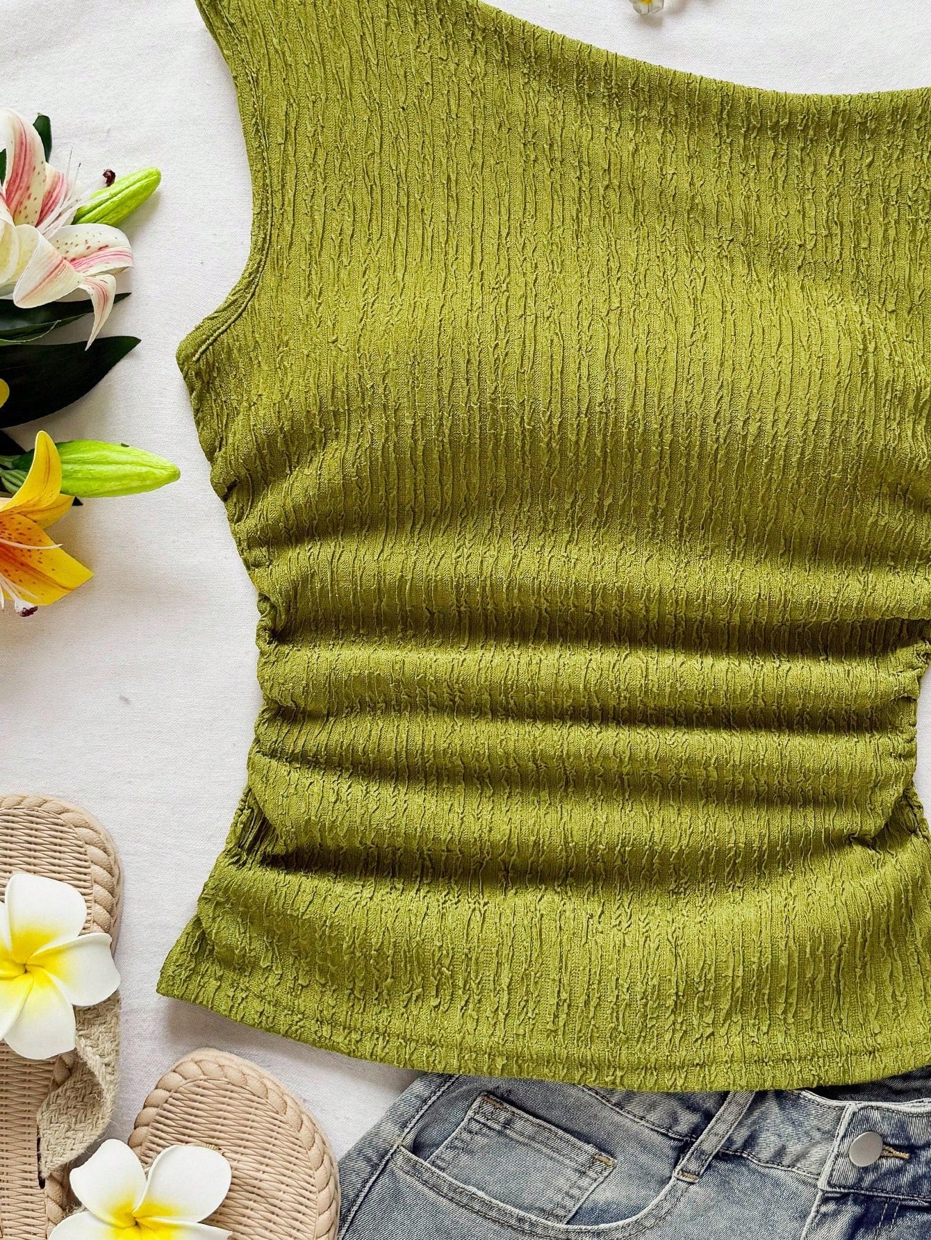 Soleia Plus Size Women's Olive Green Summer Vacation Holiday Knit Bubble Texture Asymmetrical Shoulder Tie Waist Ruched Fitted Top For Party Date Beach