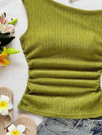 Soleia Plus Size Women's Olive Green Summer Vacation Holiday Knit Bubble Texture Asymmetrical Shoulder Tie Waist Ruched Fitted Top For Party Date Beach