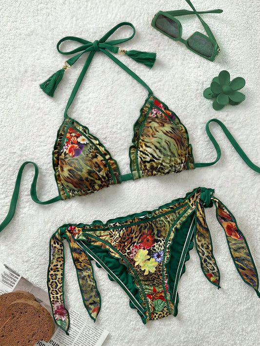 Soleia Plus Size Women Vintage Leopard Zebra Floral Print Bikini Set,Sage Green,Summer,Elegant,Beach,Vacation,Holiday Bathing Suits With Ruffle Tassel Decor