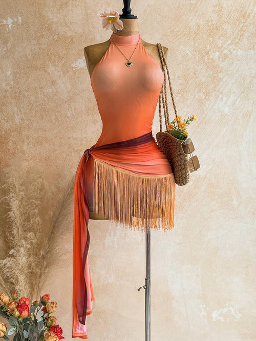 Soleia Spring Summer Vacation Knit Mesh Burnt Orange Tassel Hem Ribbon Mini Dress Garden Tea Party Night Out Club Night Flower Arrangement No Bra Pads Sexy