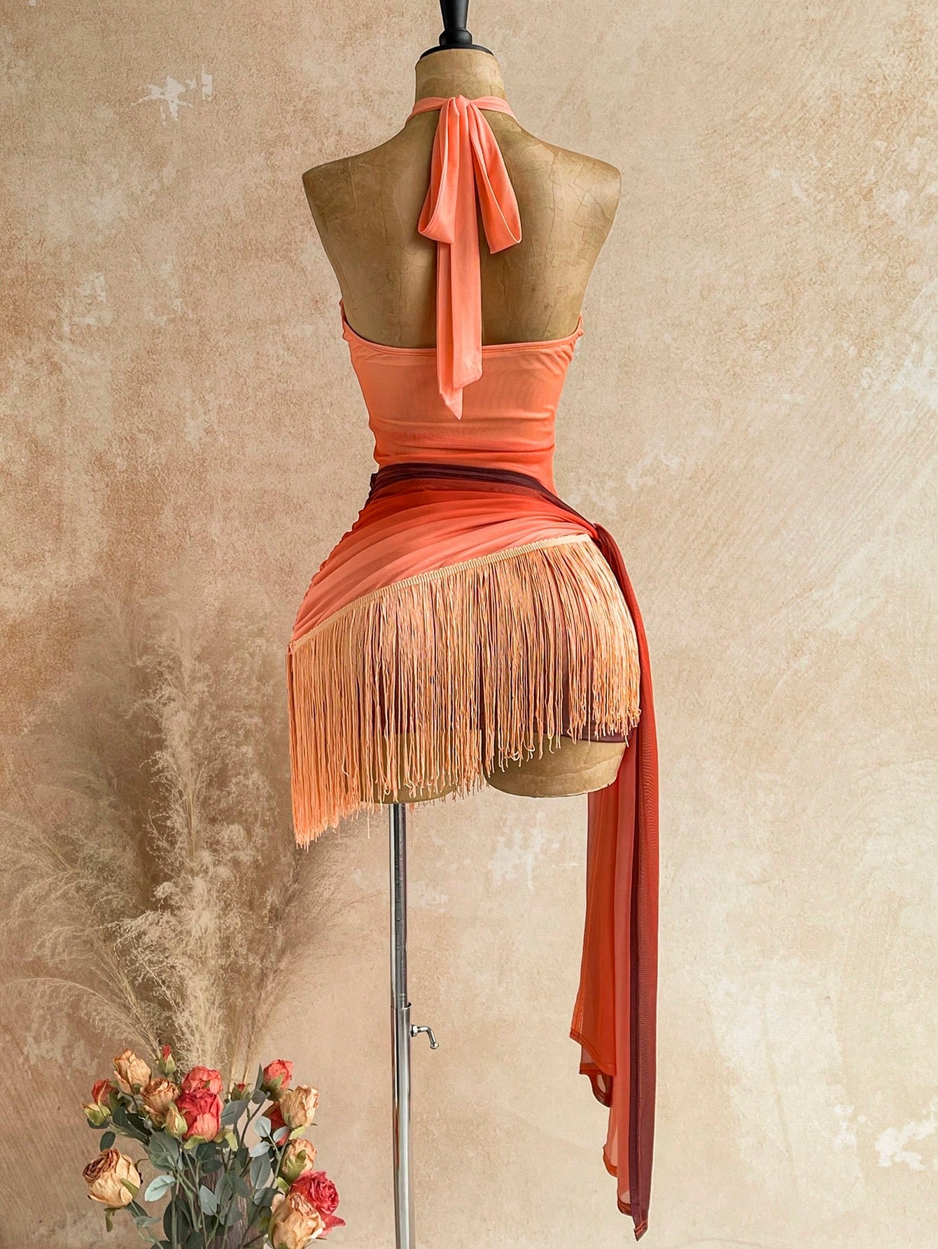 Soleia Spring Summer Vacation Knit Mesh Burnt Orange Tassel Hem Ribbon Mini Dress Garden Tea Party Night Out Club Night Flower Arrangement No Bra Pads Sexy