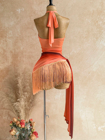Soleia Spring Summer Vacation Knit Mesh Burnt Orange Tassel Hem Ribbon Mini Dress Garden Tea Party Night Out Club Night Flower Arrangement No Bra Pads Sexy