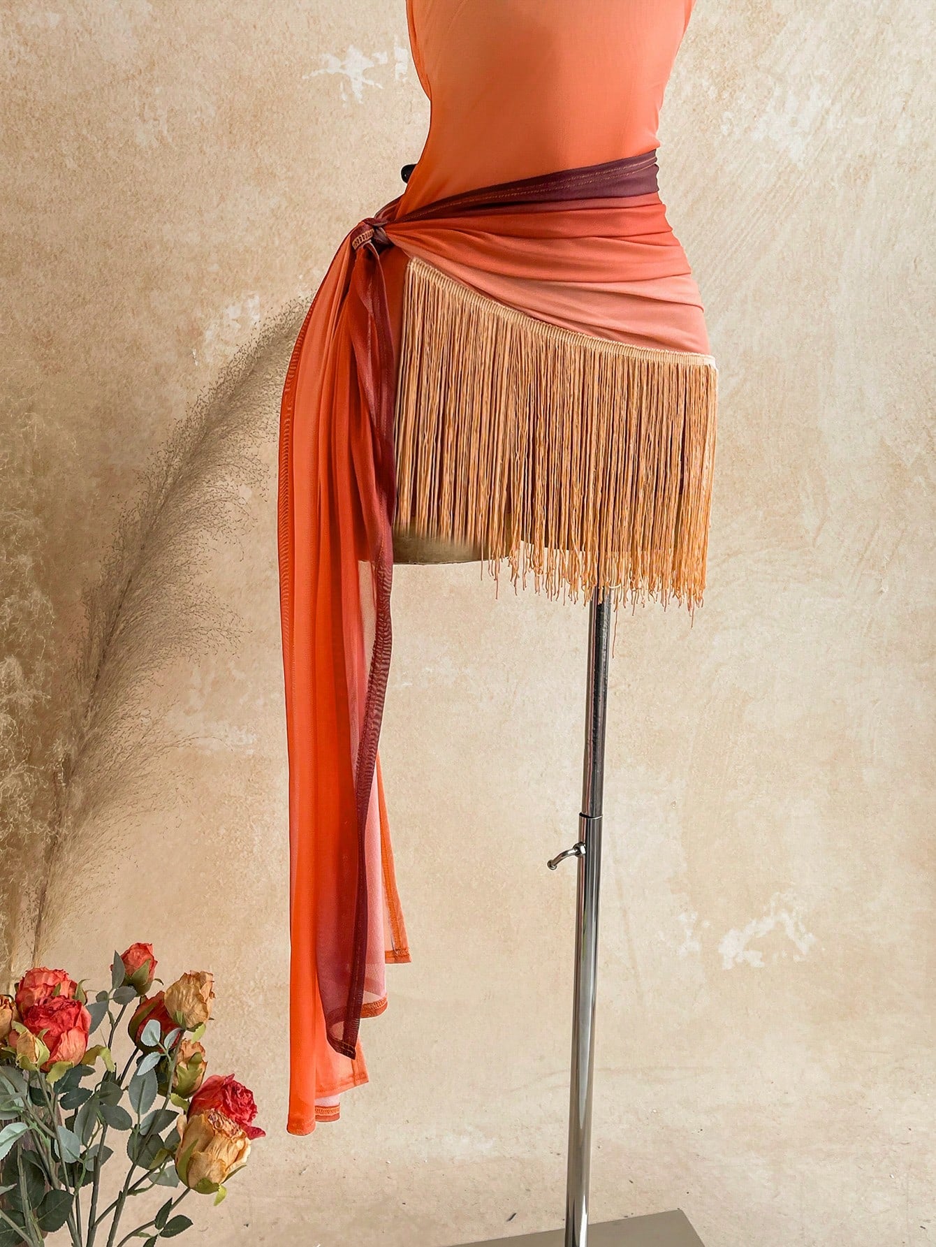 Soleia Spring Summer Vacation Knit Mesh Burnt Orange Tassel Hem Ribbon Mini Dress Garden Tea Party Night Out Club Night Flower Arrangement No Bra Pads Sexy