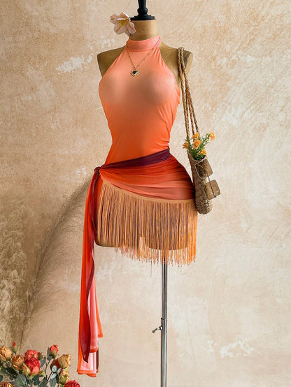 Soleia Spring Summer Vacation Knit Mesh Burnt Orange Tassel Hem Ribbon Mini Dress Garden Tea Party Night Out Club Night Flower Arrangement No Bra Pads Sexy