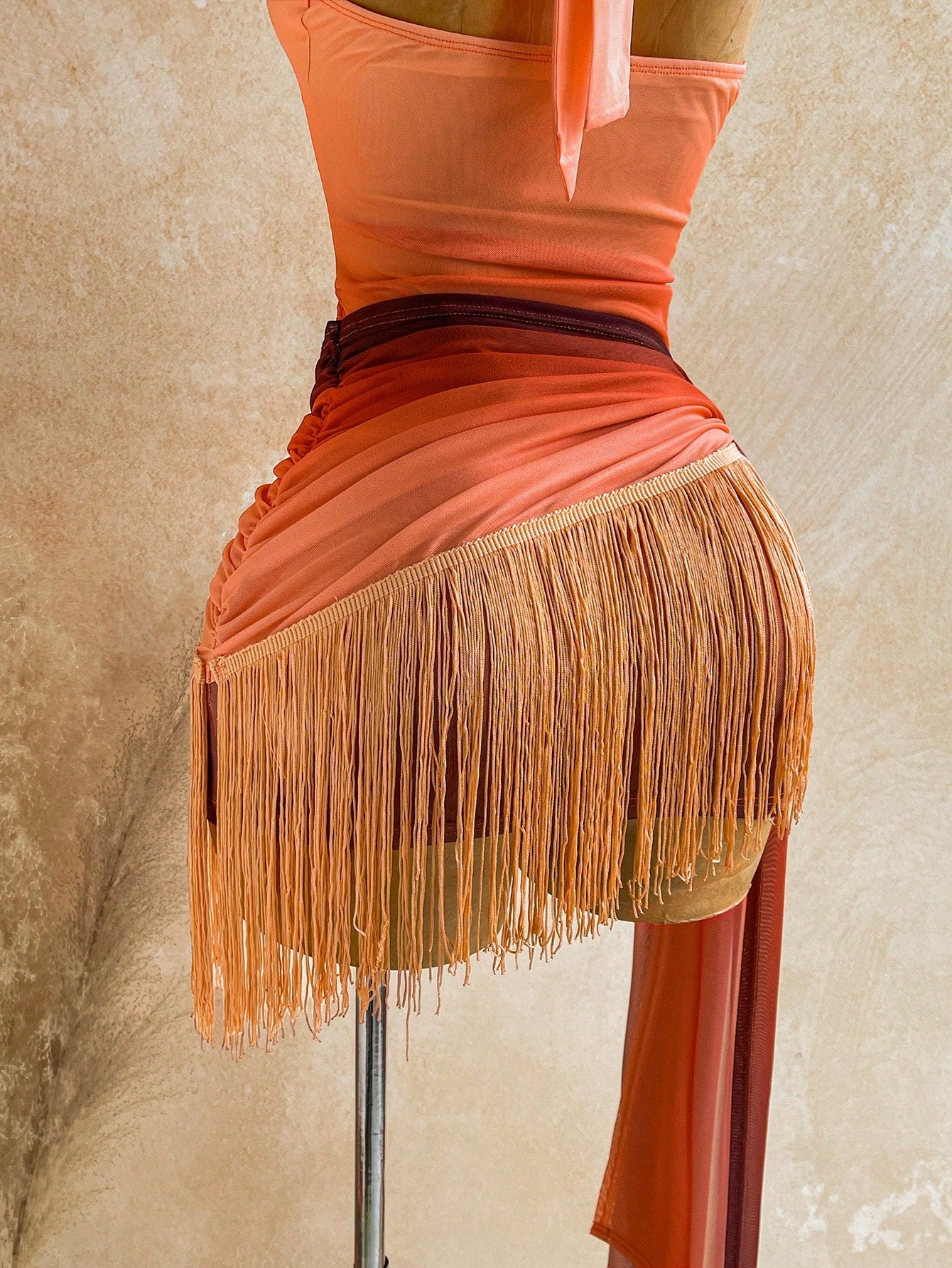 Soleia Spring Summer Vacation Knit Mesh Burnt Orange Tassel Hem Ribbon Mini Dress Garden Tea Party Night Out Club Night Flower Arrangement No Bra Pads Sexy