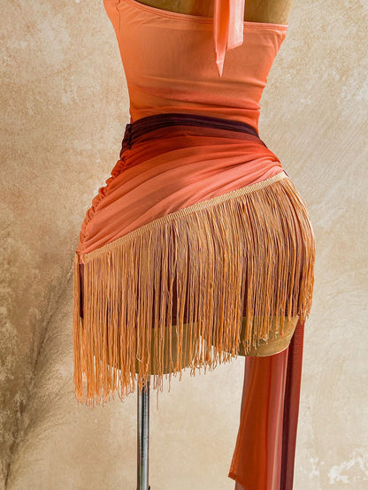 Soleia Spring Summer Vacation Knit Mesh Burnt Orange Tassel Hem Ribbon Mini Dress Garden Tea Party Night Out Club Night Flower Arrangement No Bra Pads Sexy