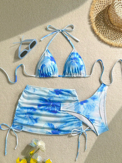 Soleia Women Floral Print Halter Tie Backless Sexy Bikini With Coverup Sarong Skirt, Summer Beach Wear Floral Bikini Beach