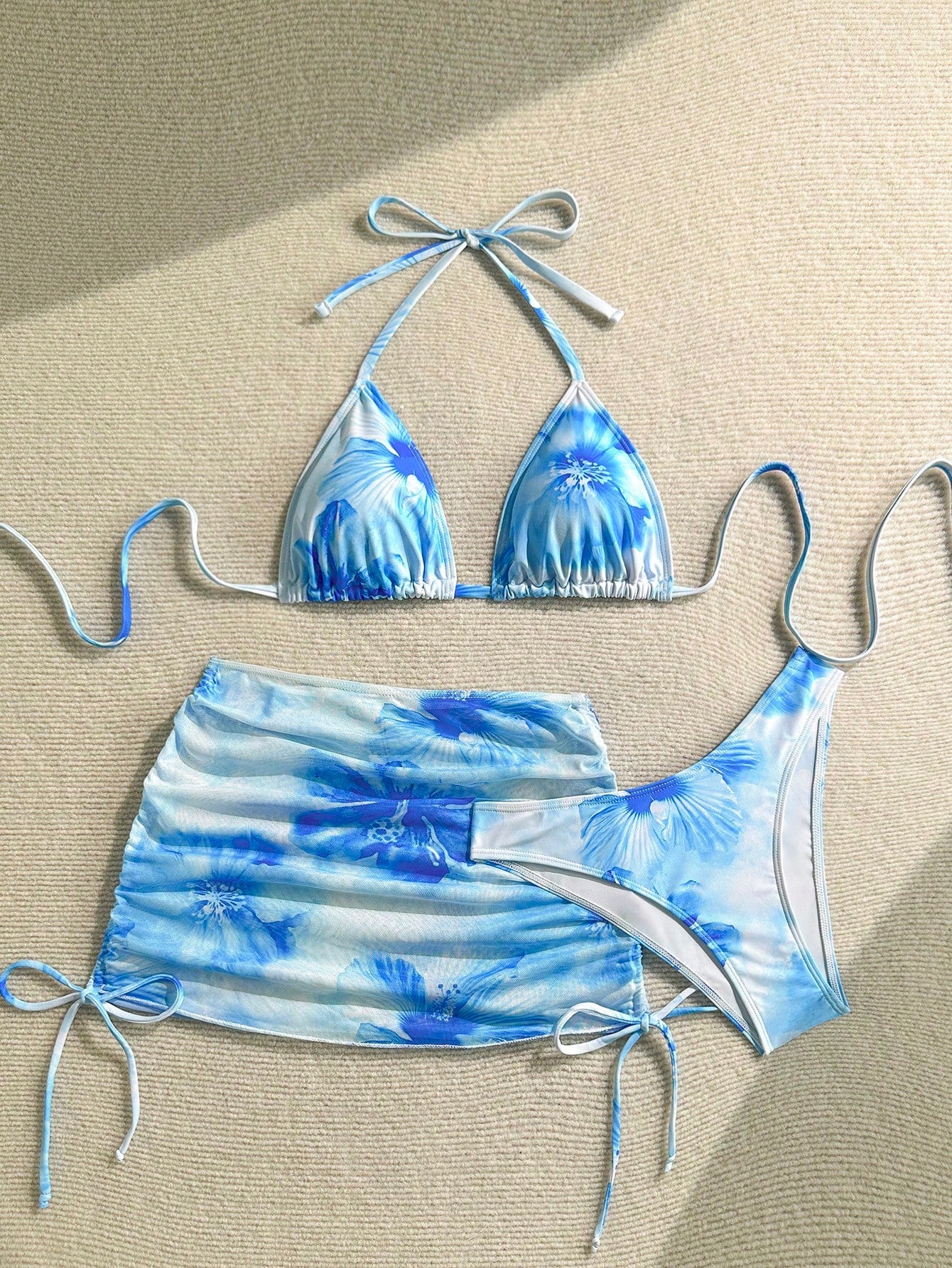 Soleia Women Floral Print Halter Tie Backless Sexy Bikini With Coverup Sarong Skirt, Summer Beach Wear Floral Bikini Beach