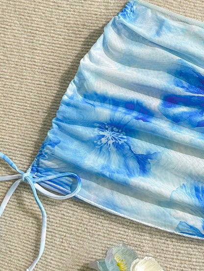 Soleia Women Floral Print Halter Tie Backless Sexy Bikini With Coverup Sarong Skirt, Summer Beach Wear Floral Bikini Beach