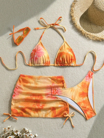 Soleia Women Floral Print Halter Tie Backless Sexy Bikini With Coverup Sarong Skirt, Summer Beach Wear Floral Bikini Beach