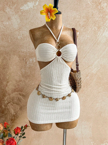Soleia Women's Backless Halter Mini Dress, Vacation Style, Summer Outfit, Beach Party For Women, White,No Breast Pads