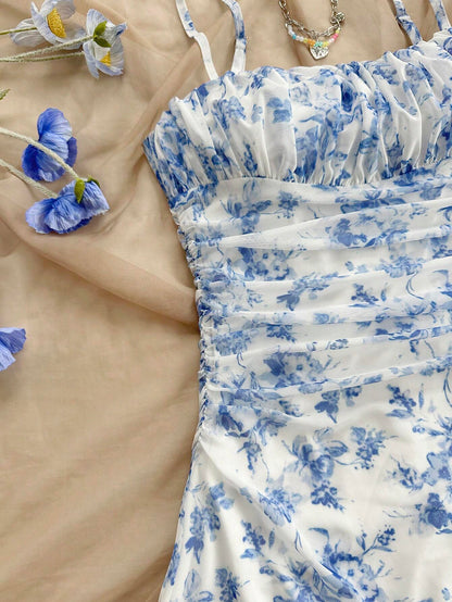 Soleia Women's Blue & White Floral Mesh Halterneck Summer Vacation Dress,Summer Dresses For Women,Pastel Dresses For Women