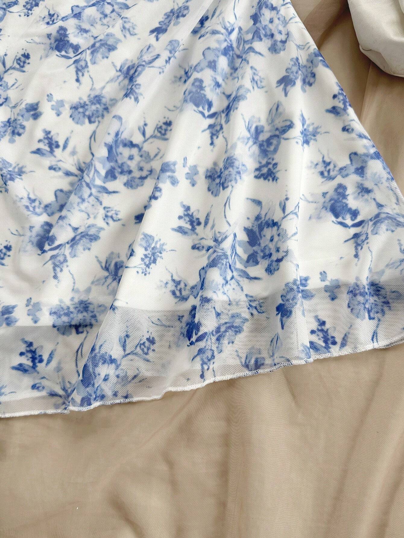 Soleia Women's Blue & White Floral Mesh Halterneck Summer Vacation Dress,Summer Dresses For Women,Pastel Dresses For Women