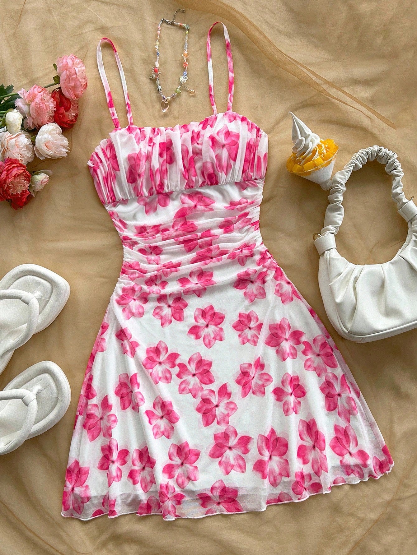 Soleia Women's Blue & White Floral Mesh Halterneck Summer Vacation Dress,Summer Dresses For Women,Pastel Dresses For Women
