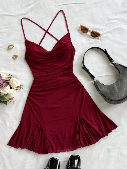 Soleia Women's Burgundy Spaghetti Strap Mini Dress,Draped Neck,Backless,Fishtail,Mesh, 70s Summer Vacation,Beach Dress No Chest Padding
