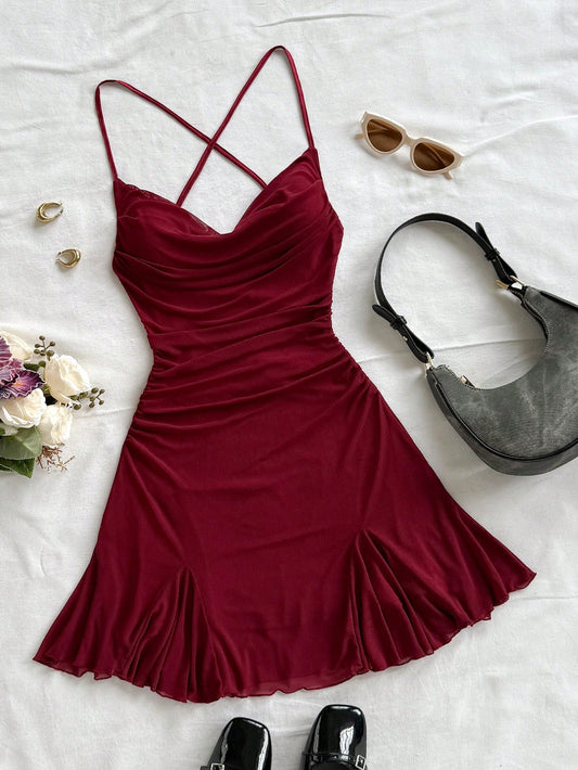 Soleia Women's Burgundy Spaghetti Strap Mini Dress,Draped Neck,Backless,Fishtail,Mesh, 70s Summer Vacation,Beach Dress No Chest Padding