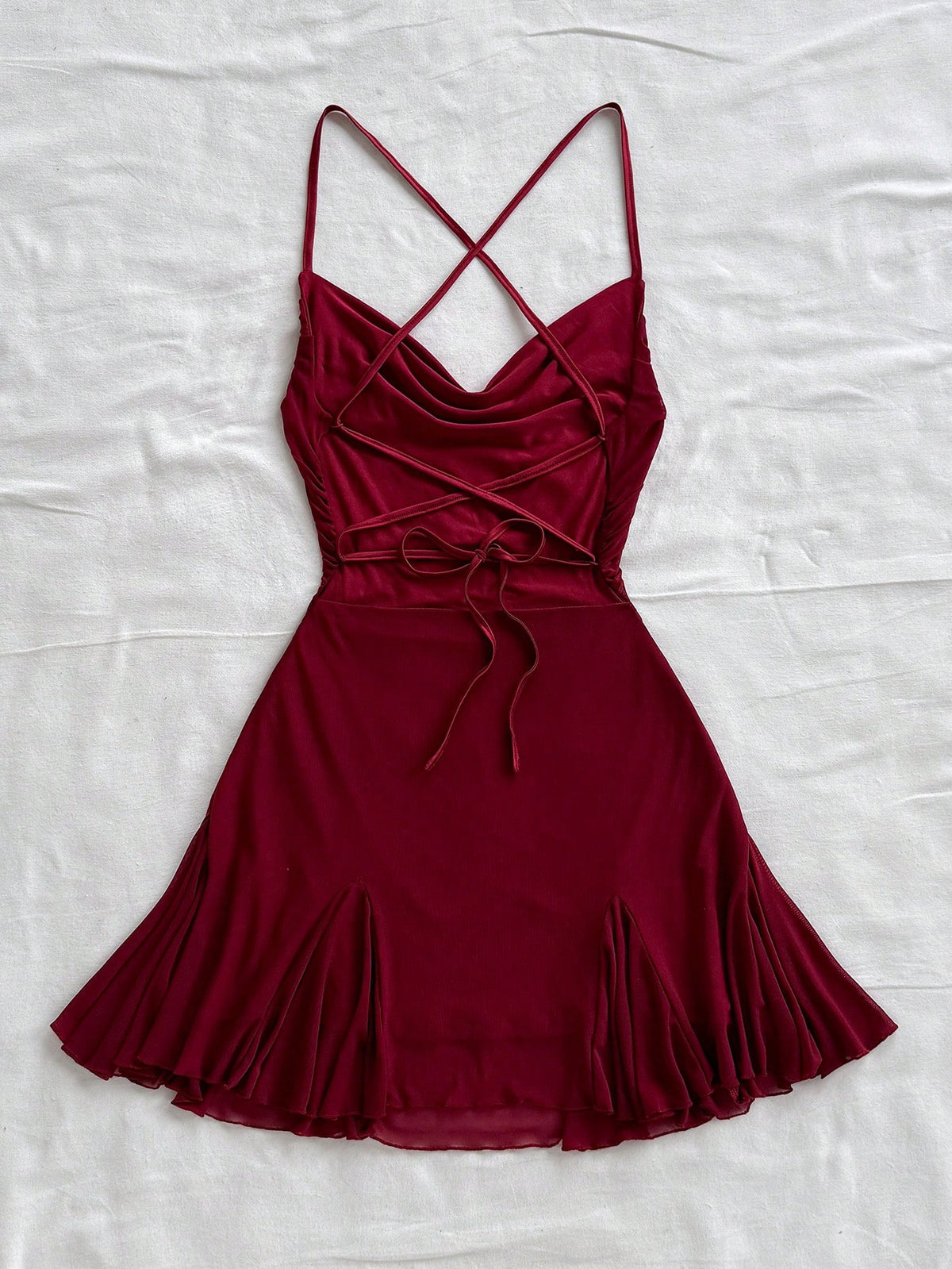 Soleia Women's Burgundy Spaghetti Strap Mini Dress,Draped Neck,Backless,Fishtail,Mesh, 70s Summer Vacation,Beach Dress No Chest Padding