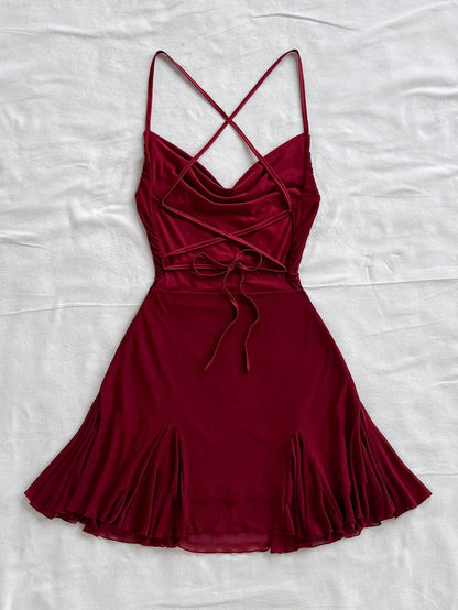 Soleia Women's Burgundy Spaghetti Strap Mini Dress,Draped Neck,Backless,Fishtail,Mesh, 70s Summer Vacation,Beach Dress No Chest Padding
