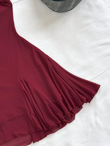 Soleia Women's Burgundy Spaghetti Strap Mini Dress,Draped Neck,Backless,Fishtail,Mesh, 70s Summer Vacation,Beach Dress No Chest Padding