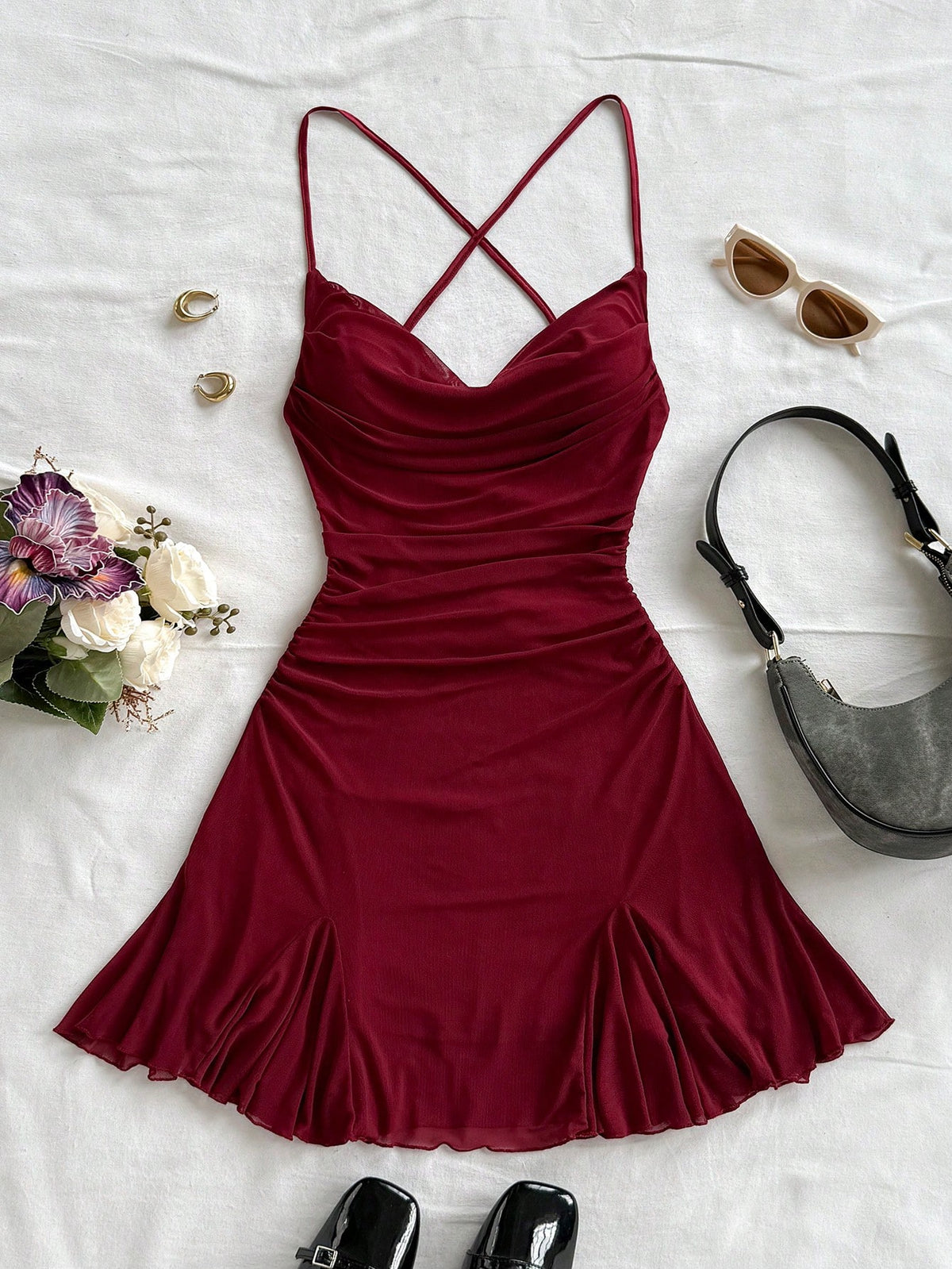 Soleia Women's Burgundy Spaghetti Strap Mini Dress,Draped Neck,Backless,Fishtail,Mesh, 70s Summer Vacation,Beach Dress No Chest Padding