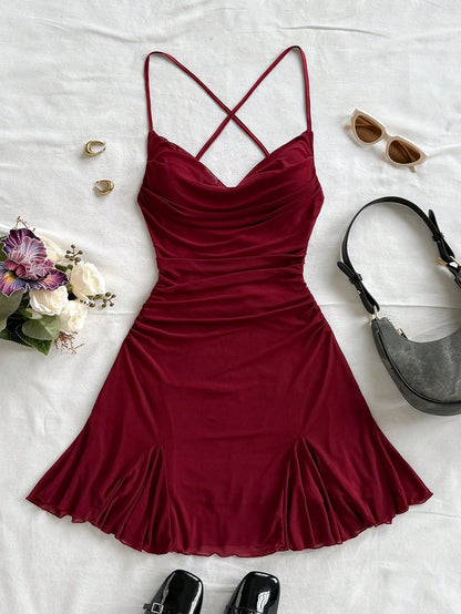 Soleia Women's Burgundy Spaghetti Strap Mini Dress,Draped Neck,Backless,Fishtail,Mesh, 70s Summer Vacation,Beach Dress No Chest Padding