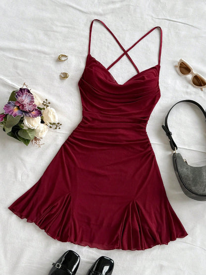 Soleia Women's Burgundy Spaghetti Strap Mini Dress,Draped Neck,Backless,Fishtail,Mesh, 70s Summer Vacation,Beach Dress No Chest Padding