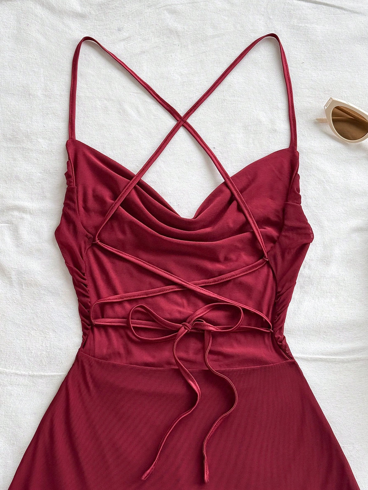 Soleia Women's Burgundy Spaghetti Strap Mini Dress,Draped Neck,Backless,Fishtail,Mesh, 70s Summer Vacation,Beach Dress No Chest Padding