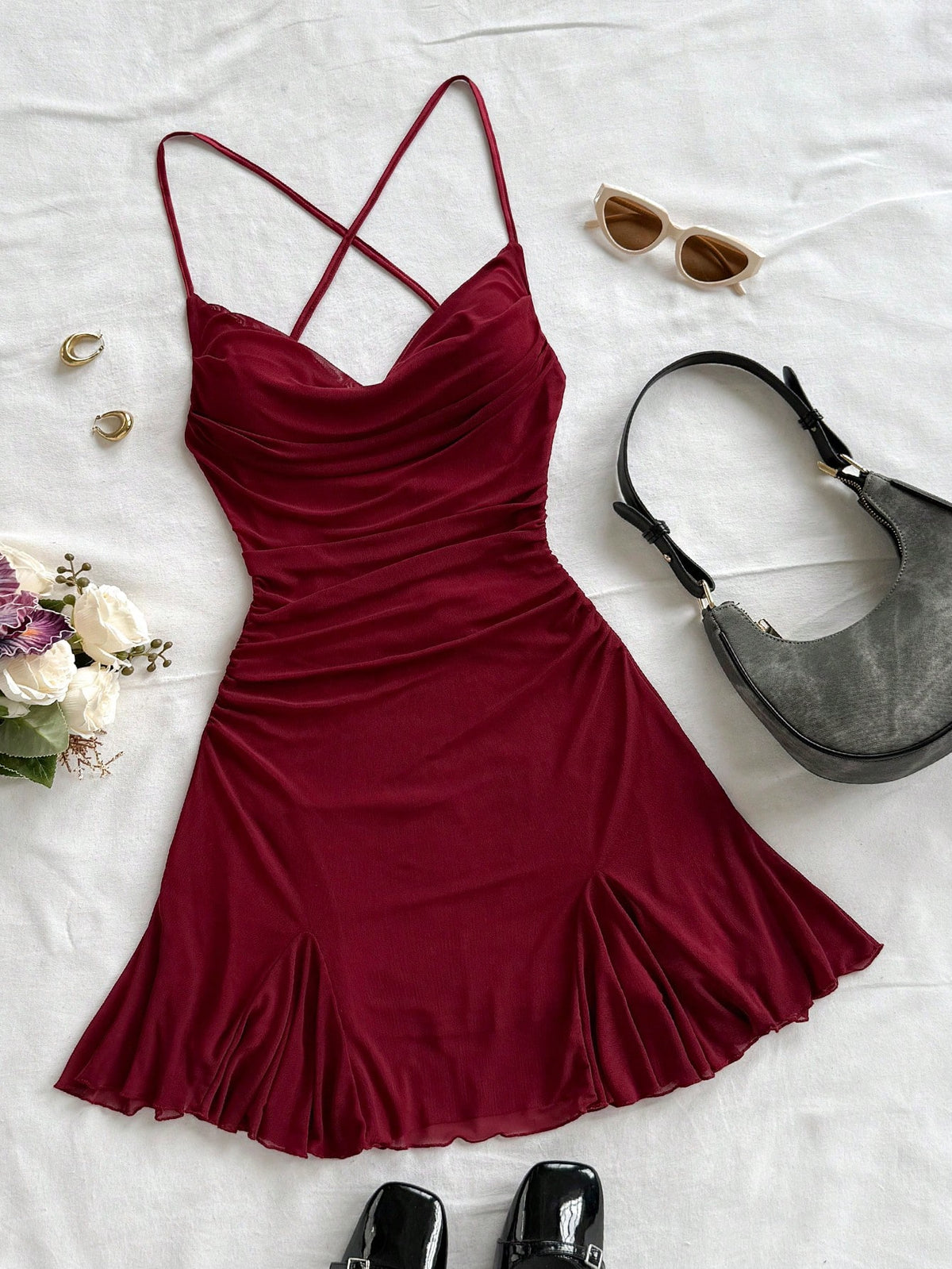 Soleia Women's Burgundy Spaghetti Strap Mini Dress,Draped Neck,Backless,Fishtail,Mesh, 70s Summer Vacation,Beach Dress No Chest Padding