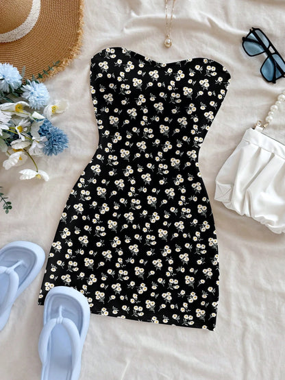 Soleia Women's Casual Boho Vacation Bodycon Mini Dress, Suitable For Summer Holiday, Ditsy Floral, Beach Chic Dress Black Floral