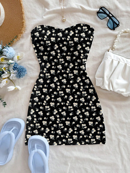 Soleia Women's Casual Boho Vacation Bodycon Mini Dress, Suitable For Summer Holiday, Ditsy Floral, Beach Chic Dress Black Floral