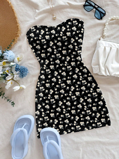 Soleia Women's Casual Boho Vacation Bodycon Mini Dress, Suitable For Summer Holiday, Ditsy Floral, Beach Chic Dress Black Floral