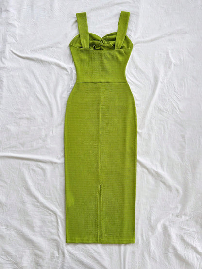 Soleia Women's Elegant Solid Color Twist Midi Dress, Vacation Wear No Chest Padding