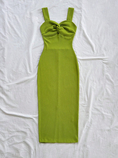 Soleia Women's Elegant Solid Color Twist Midi Dress, Vacation Wear No Chest Padding