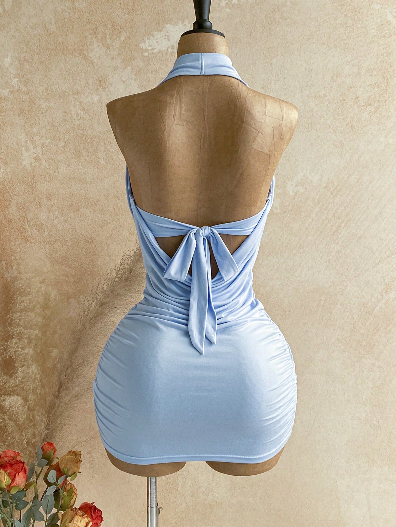 Soleia Women's Solid Color Halter Neck Pleated Sexy Tropical Date Beach Vacation Night Out Club Pool Party Mini Dress Baby Blue Summer,No Breast Pads