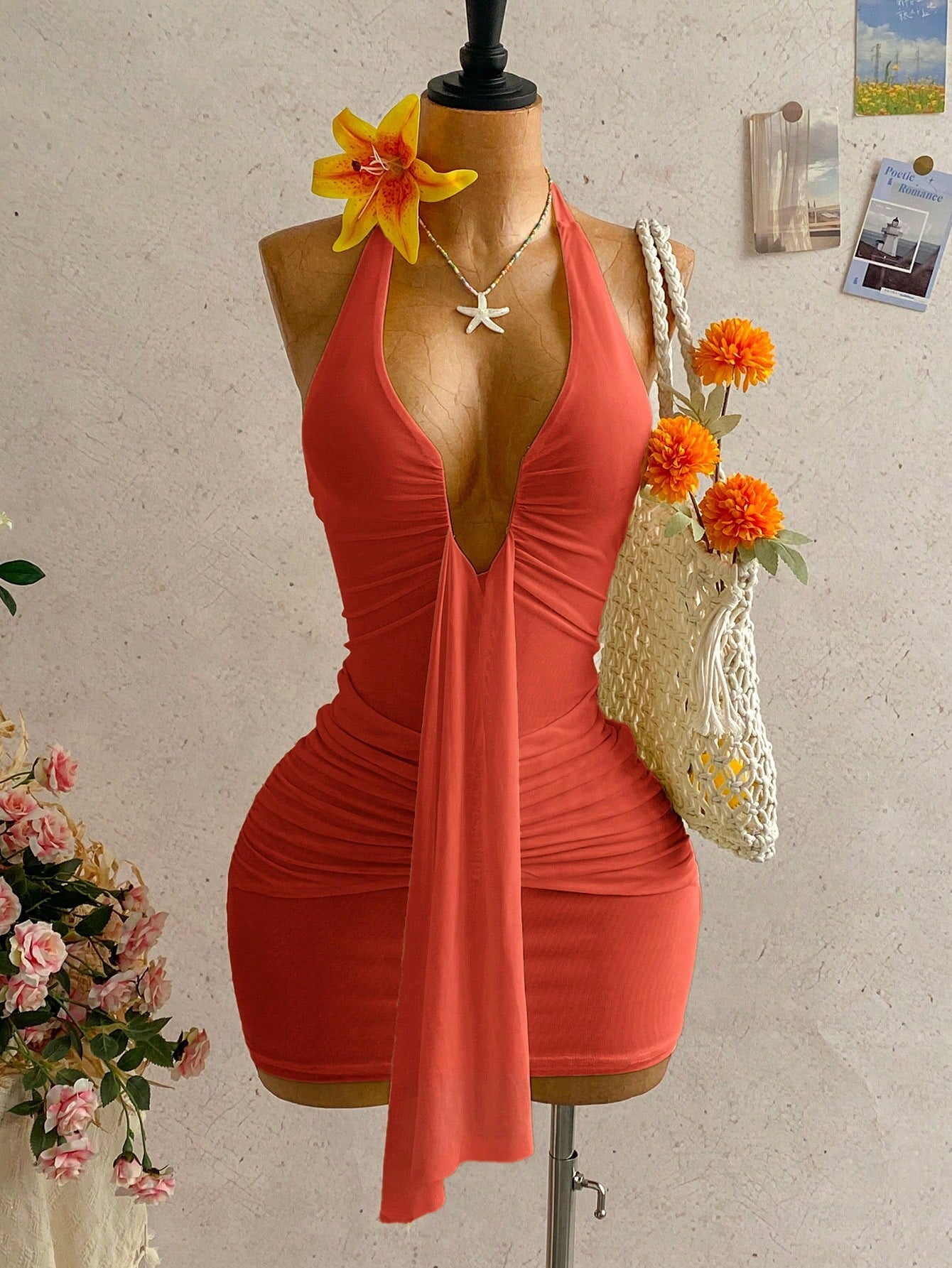 Soleia Women's Solid Color Ruffle Tie Design Ruched Sexy Cinched Waist Mini Dress, Suitable For Dates And Parties, Summer Dresses For Women