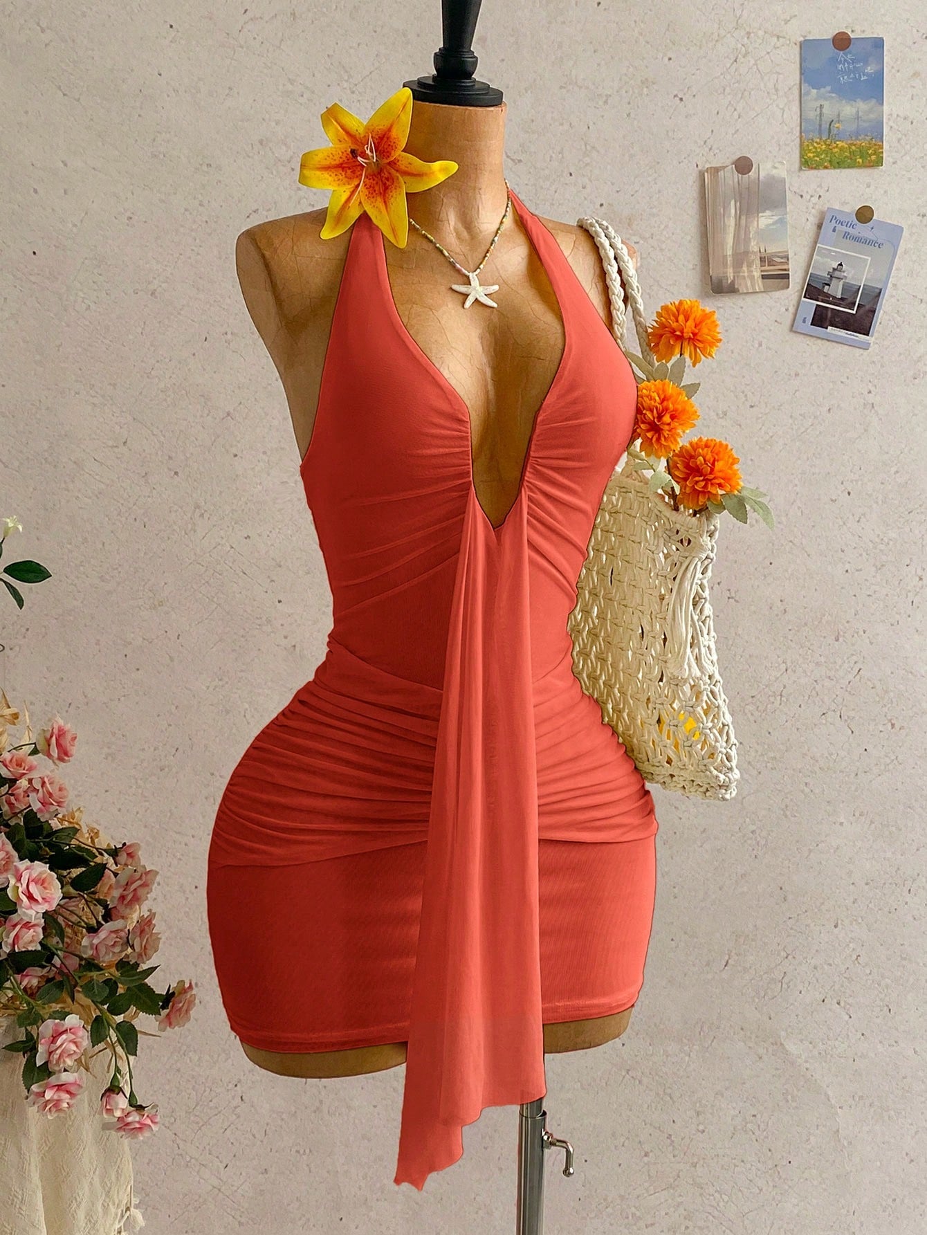 Soleia Women's Solid Color Ruffle Tie Design Ruched Sexy Cinched Waist Mini Dress, Suitable For Dates And Parties, Summer Dresses For Women