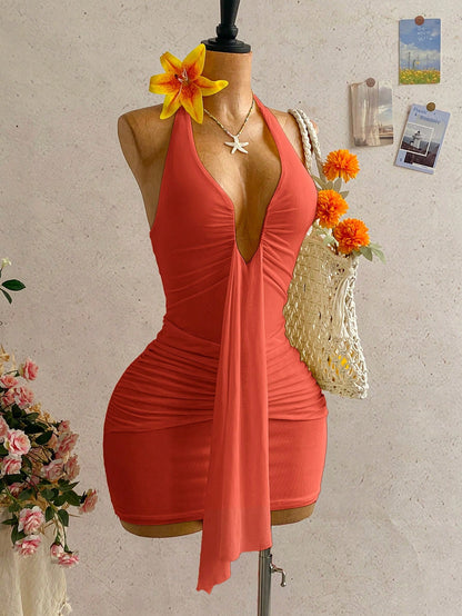 Soleia Women's Solid Color Ruffle Tie Design Ruched Sexy Cinched Waist Mini Dress, Suitable For Dates And Parties, Summer Dresses For Women