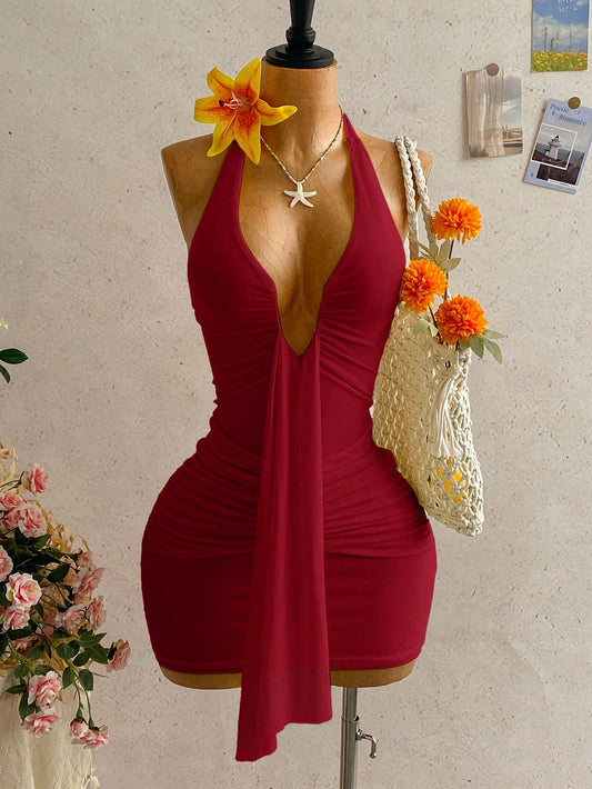 Soleia Women's Summer Bohemian Vacation Sexy Tie-Front Ruched Mini Dress,Summer Dresses For Women